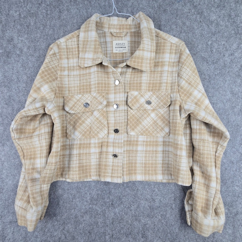 Ashley Plaid Shacket Womens Large Tan Cropped Boxy Wool Blend Snap Button Jacket
